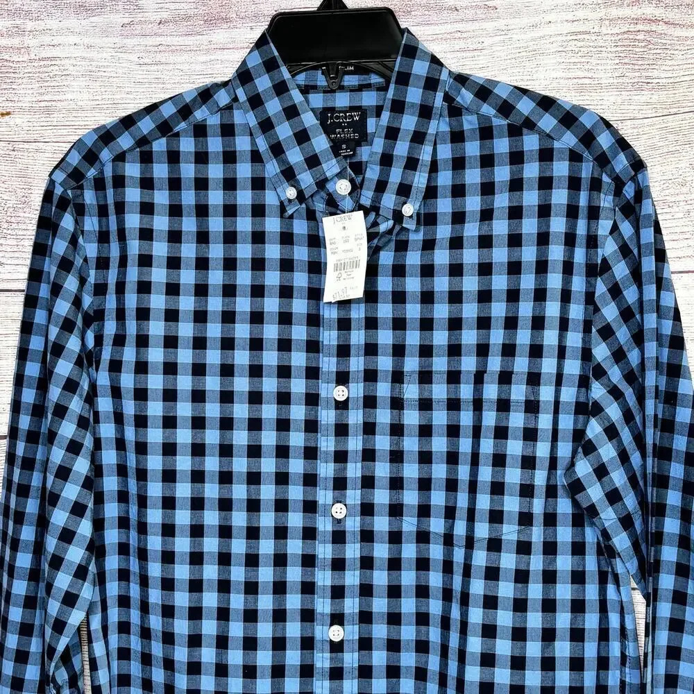 J. Crew Men's Blue & Black Flex Washed Button Down Slim Fit Shirt Size Small New